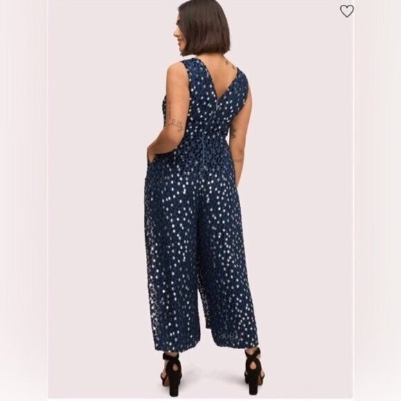 NWOT Kate Spade Scatter Dot Velvet Jumpsuit Navy Blue Silver Size 2. Size 6. - Picture 3 of 4